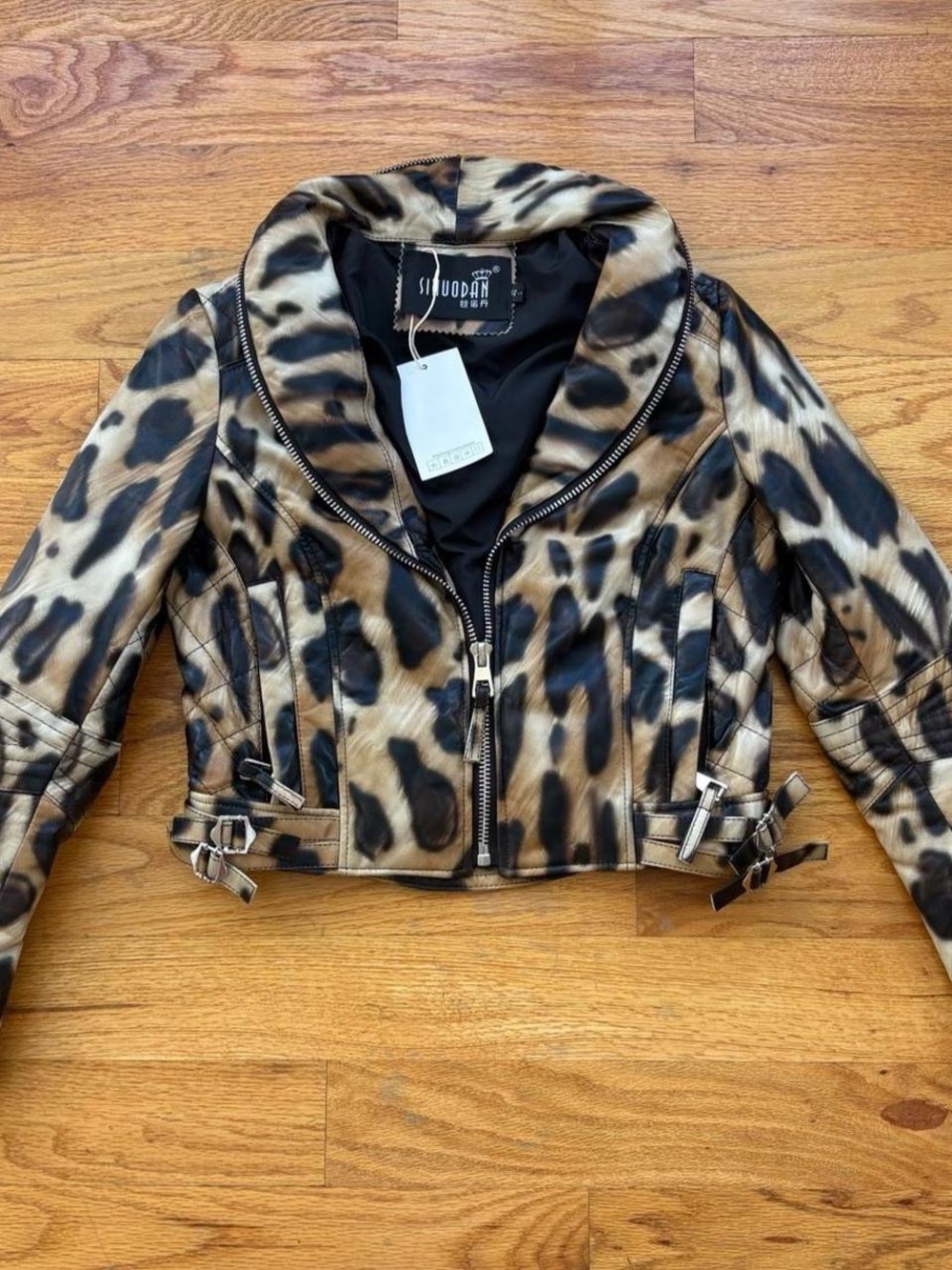 Leopard-Print Leather Moto Jacket NWT